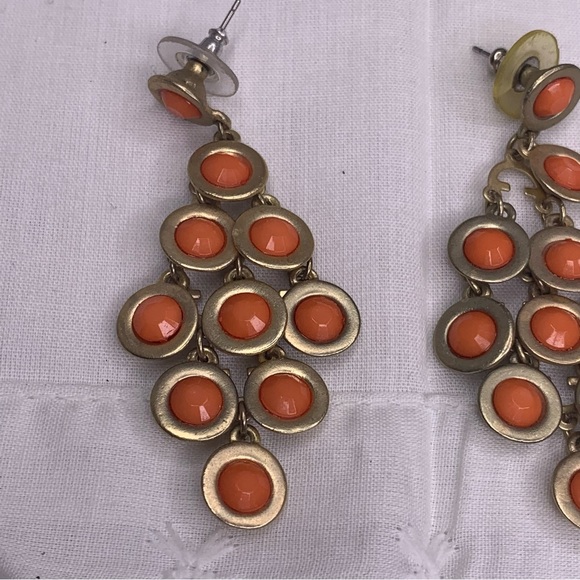 Chandelier Earrings Gold Tone Orange Faceted Flat Bead Boho Bohemian - Picture 4 of 7
